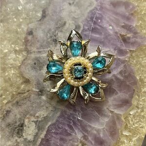 Vintage 60’s Gold Starburst Brooch Seed Pearls Topaz Teardrop Rhinestones